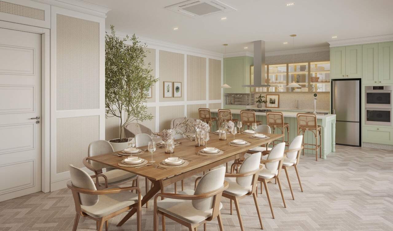 Apartamento à venda no Centro: Garden gourmet com cozinha e mesa comprida no lazer do Gales Village (imagem ilustrativa)