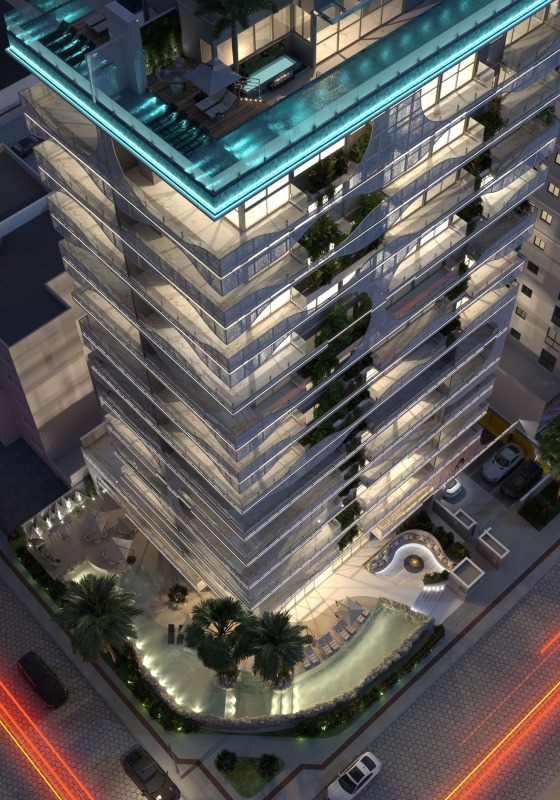 Cobertura à venda no Praia Brava: Topo da torre à noite, com a piscina das coberturas iluminada (imagem ilustrativa)