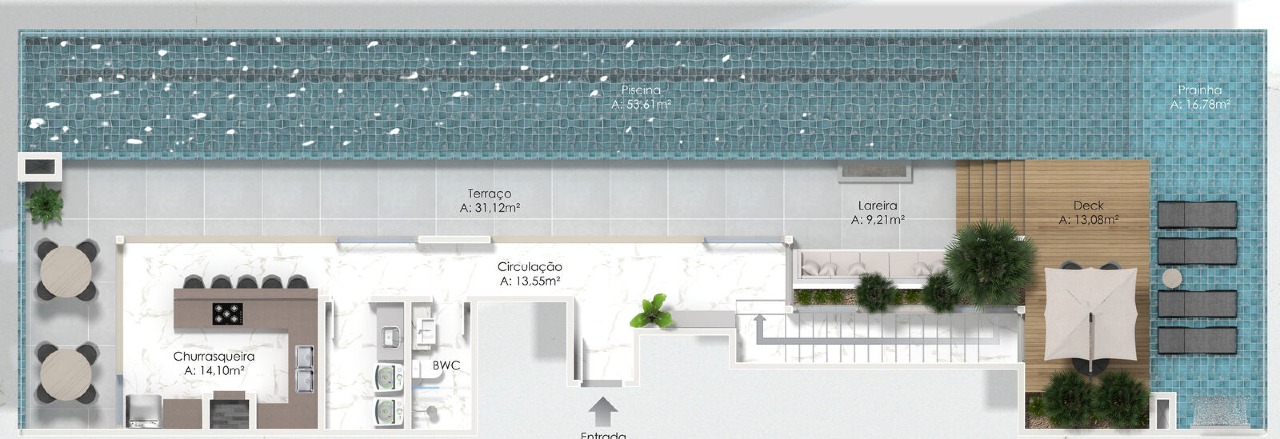 Cobertura à venda no Praia Brava: Planta do pavimento superior: terraço, piscina, prainha, deck, lareira e churrasqueira