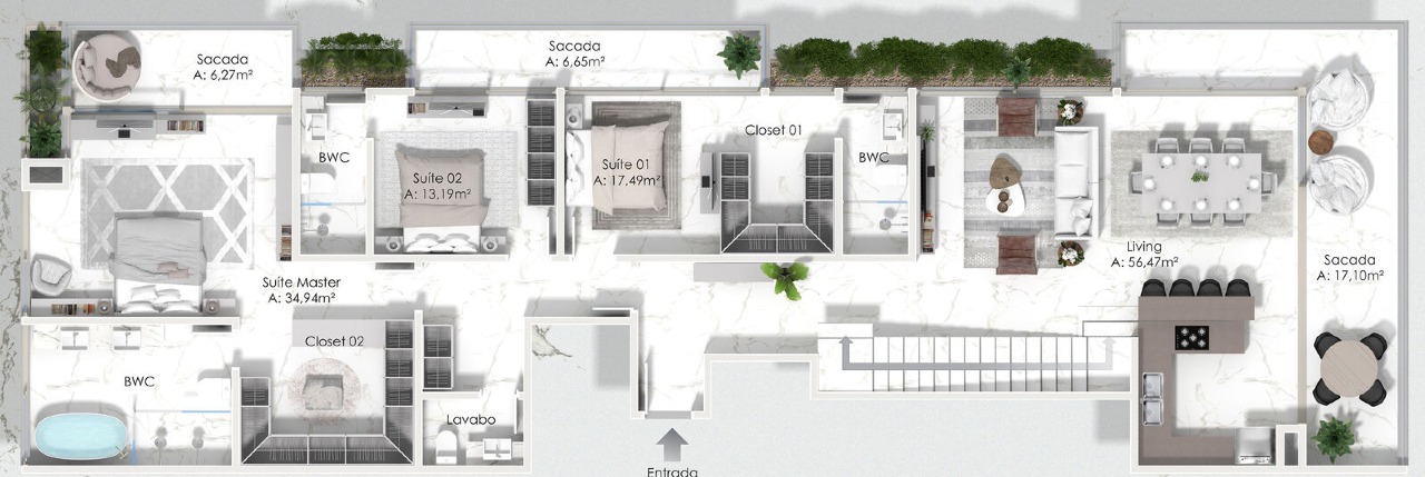 Cobertura à venda no Praia Brava: Planta do pavimento inferior da cobertura de 382,20 m²: living, sacada e 3 suítes
