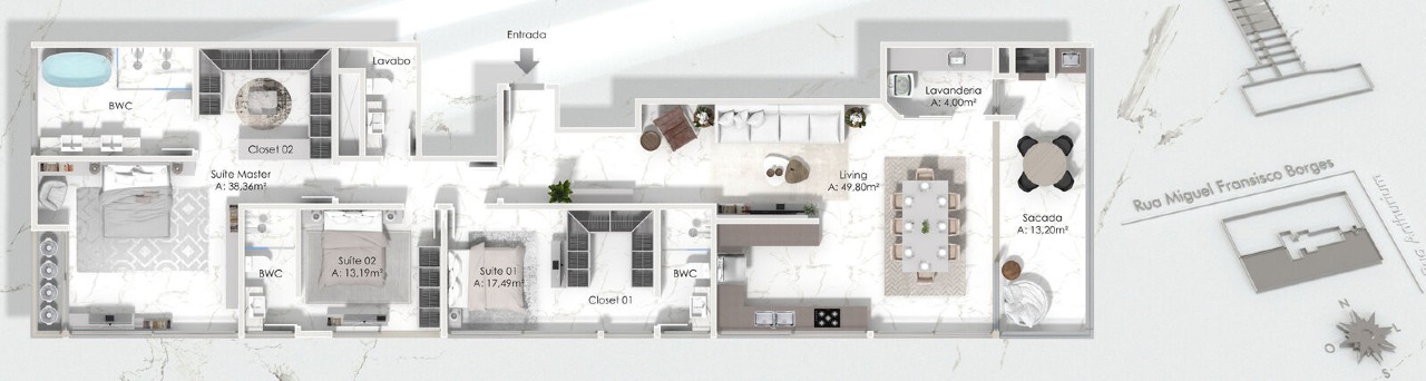 Apartamento à venda no Praia Brava: Planta humanizada do final 2 do Brava Lux: 160,42 m² privativos com 3 suítes