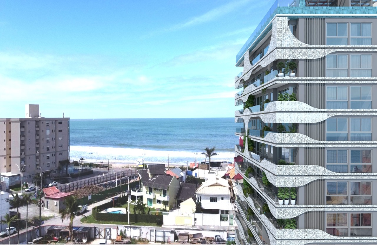 Apartamento à venda no Praia Brava: Fachada do Brava Lux com o mar da Praia Brava ao fundo, em fotomontagem (imagem ilustrativa)