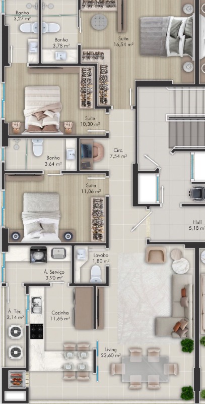Apartamento à venda no Centro: Planta do apartamento de três suítes do Tierra Del Sol (imagem ilustrativa)