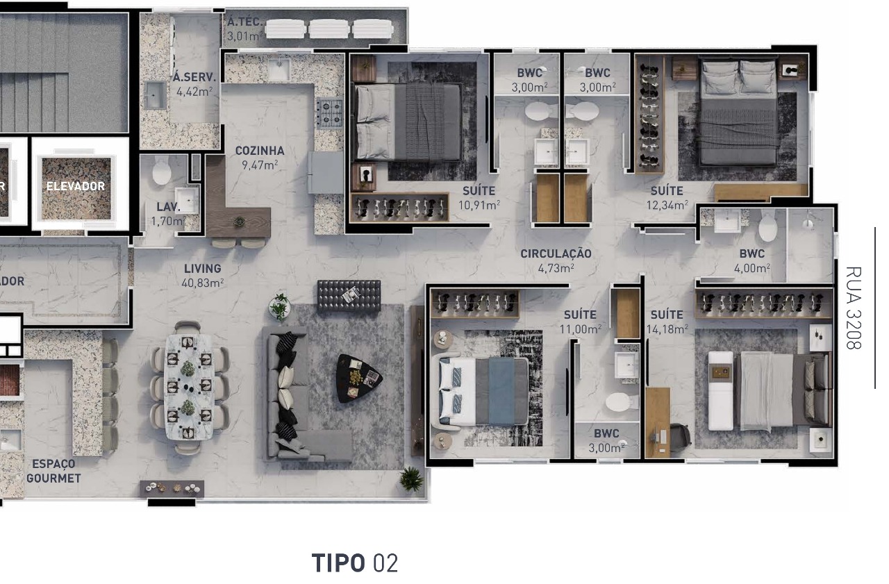 Apartamento à venda no Centro: Planta do final 02 do Azure: 4 suítes, living de 40,83 m² e espaço gourmet