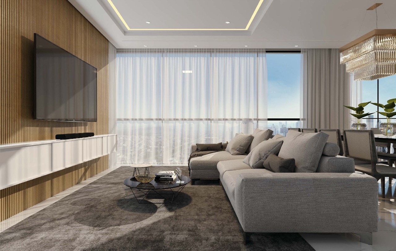 Apartamento à venda no Centro: Living com painel de TV e mesa de jantar (imagem ilustrativa)