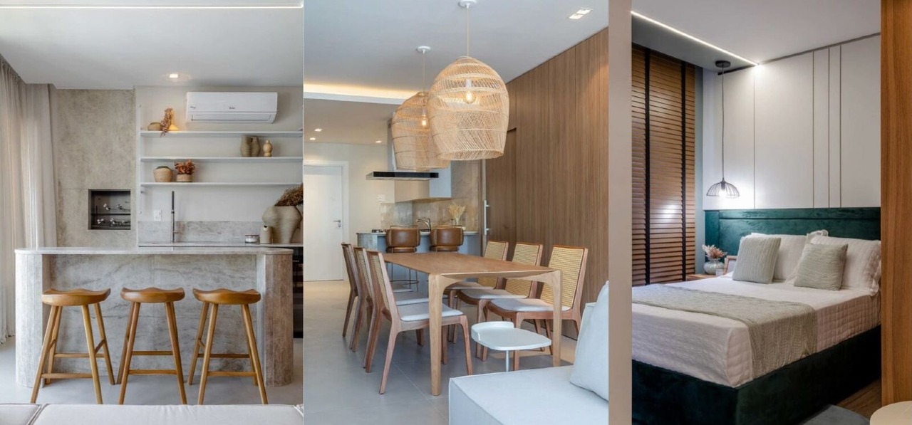 Apartamento à venda no Centro: Cozinha com churrasqueira, jantar e suíte do apartamento decorado do Admirá (imagem ilustrativa)