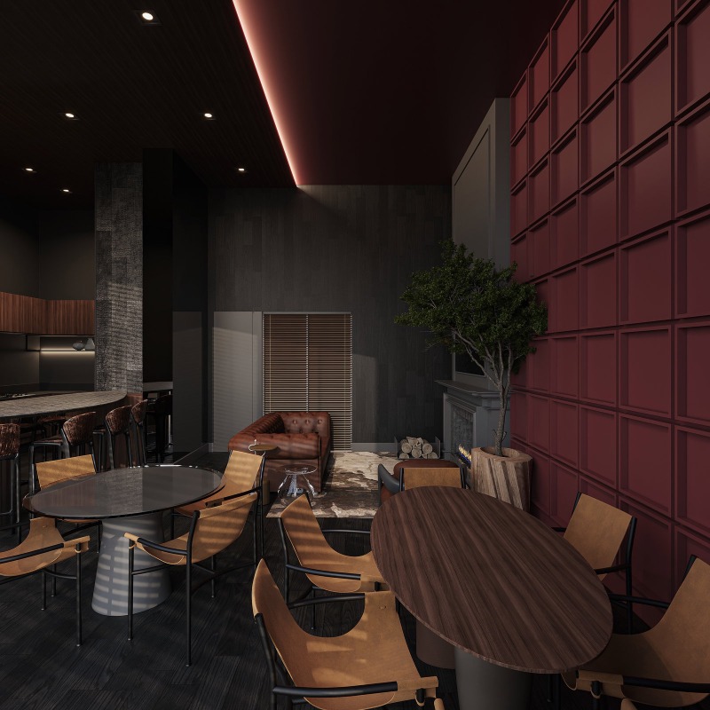 Apartamento à venda no Pioneiros: Wine bar com parede de veludo e mesas (imagem ilustrativa)