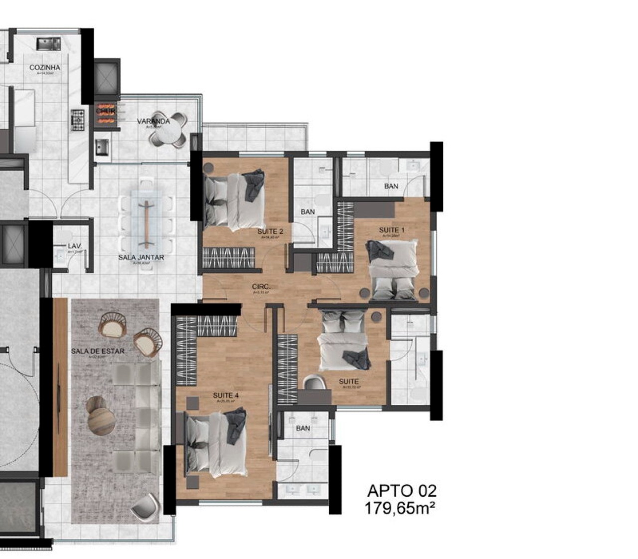 Apartamento à venda no Pioneiros: Planta do final 02: 4 suítes, living, cozinha, área de serviço e sacada com churrasqueira