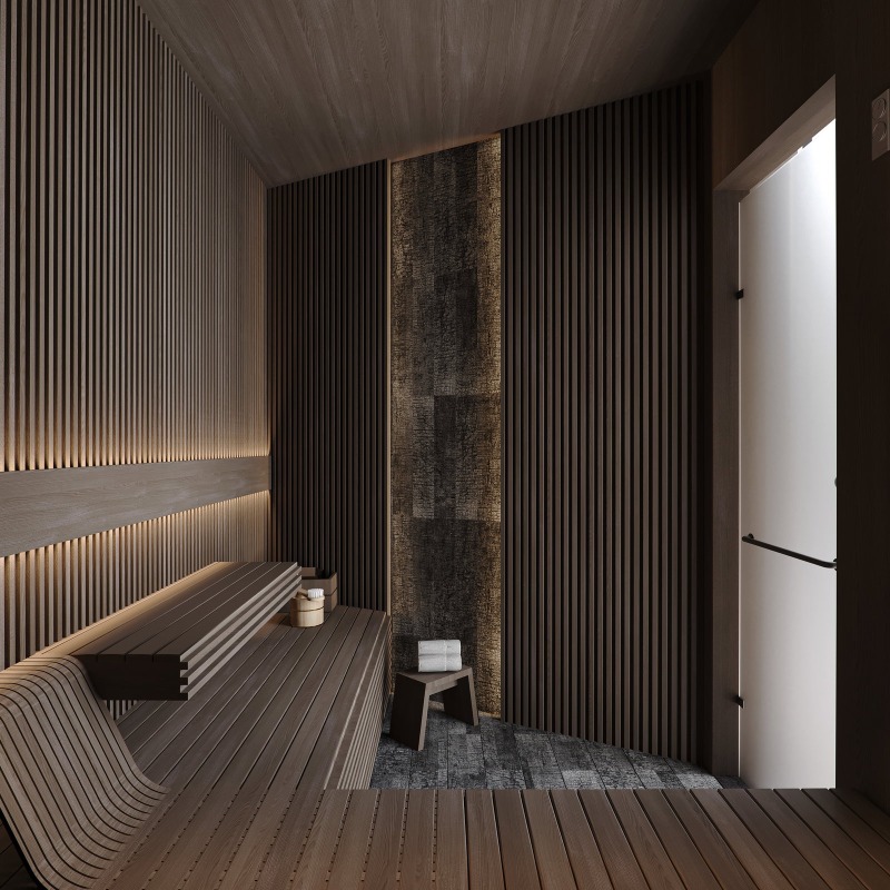 Apartamento à venda no Pioneiros: Sauna revestida de madeira (imagem ilustrativa)