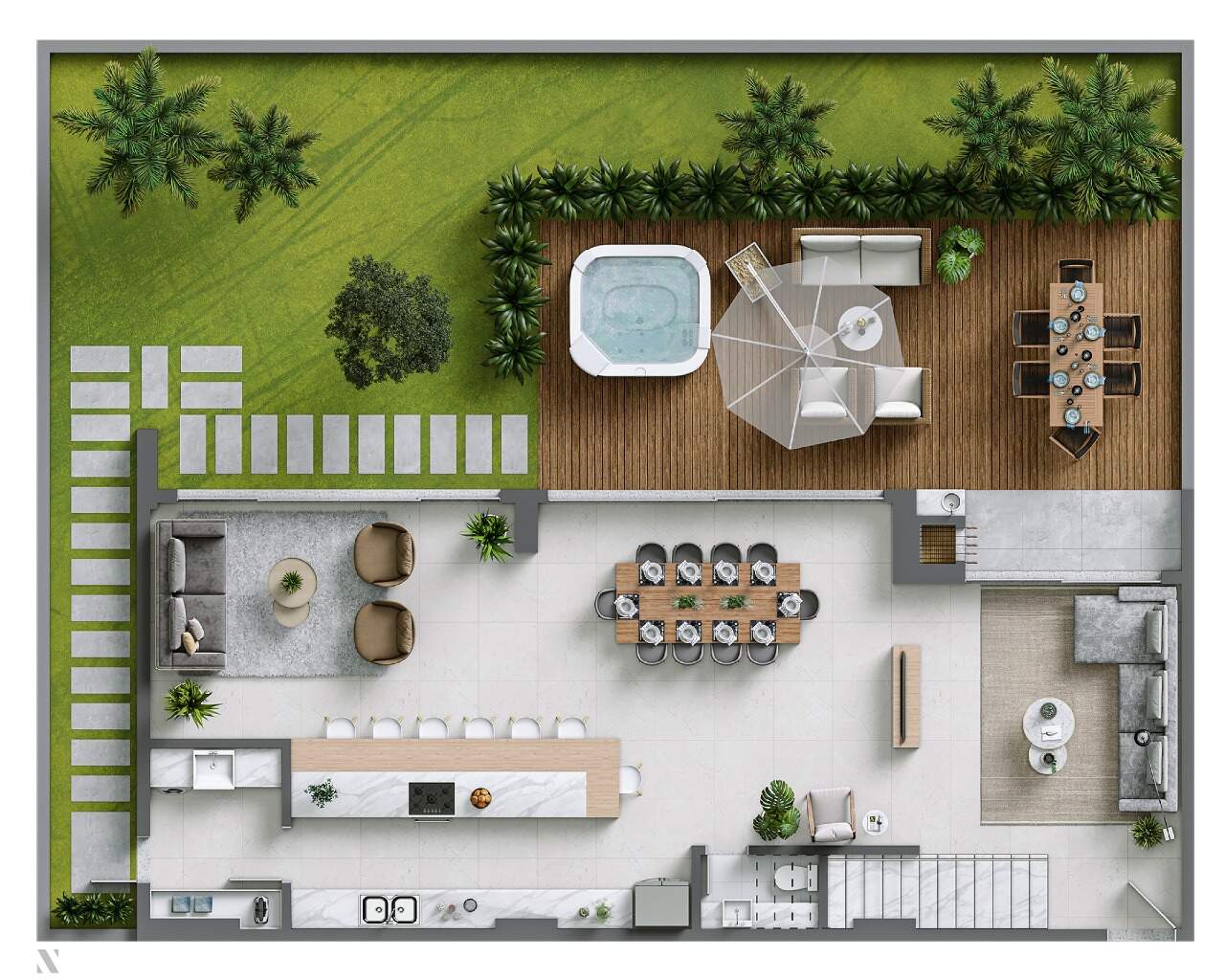 Apartamento diferenciado à venda no Praia Brava: Planta do pavimento inferior: living, jantar, cozinha, jardim e deck com spa (ilustrativa)