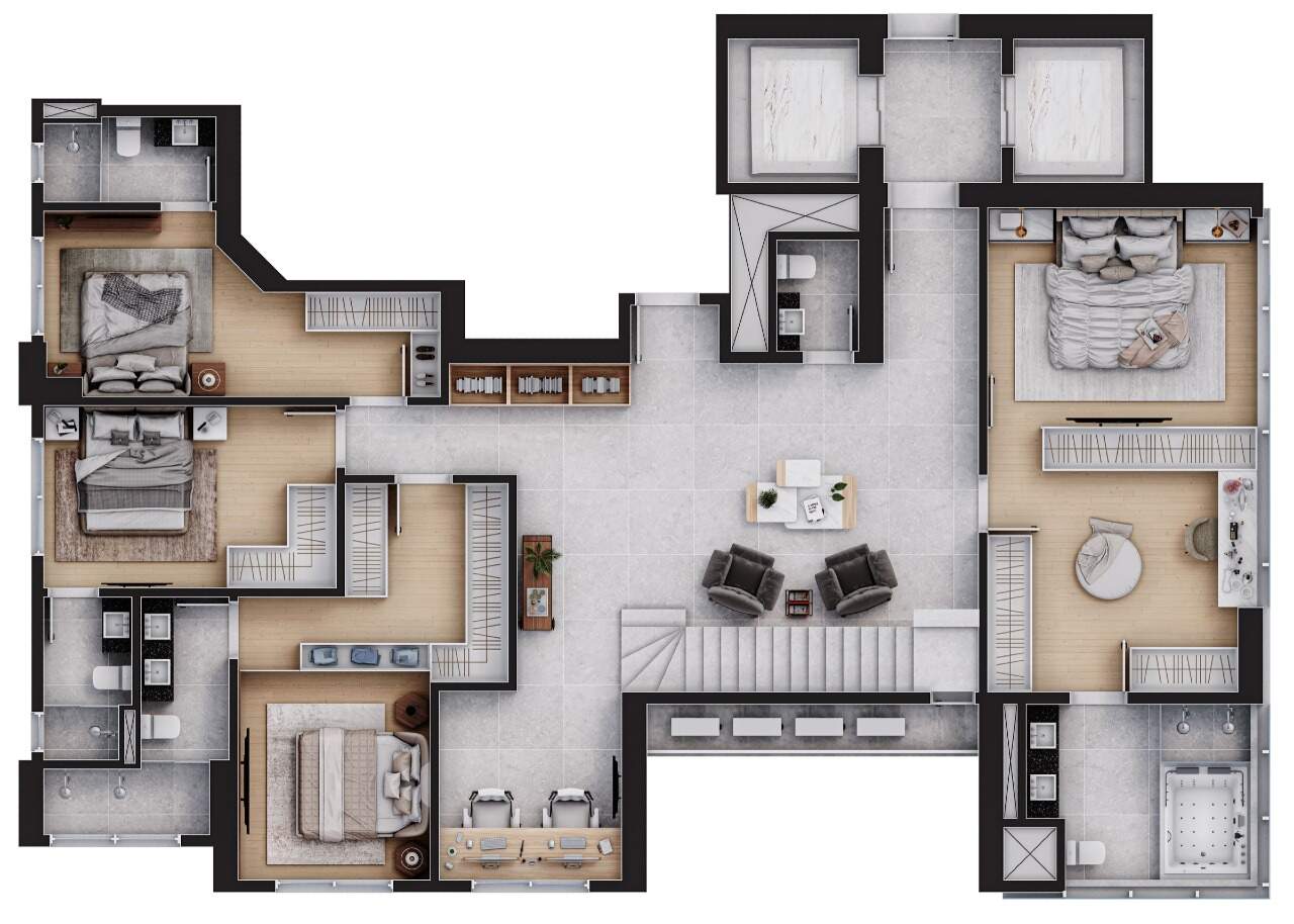 Cobertura à venda no Centro: Planta do piso inferior da cobertura duplex: 4 suítes, home office e estar íntimo