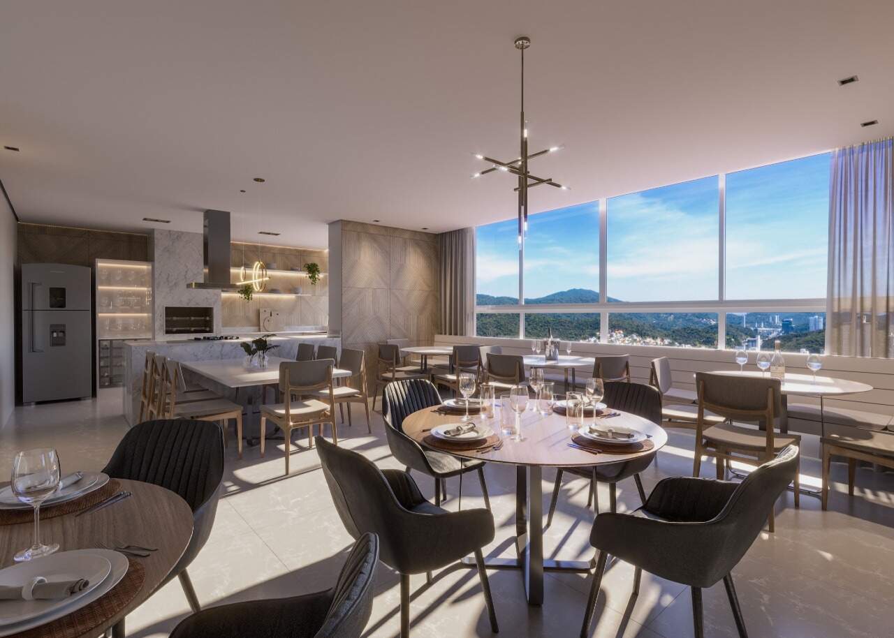 Cobertura à venda no Centro: Wine gourmet com mesas redondas e vista da cidade (imagem ilustrativa)