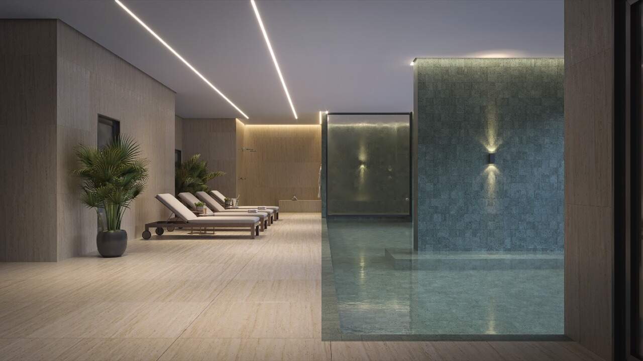 Cobertura à venda no Centro: Piscina aquecida do espaço wellness, com espreguiçadeiras (imagem ilustrativa)