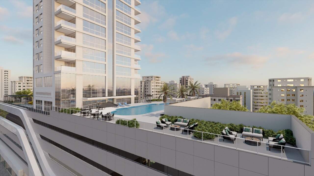 Cobertura à venda no Centro: Lazer externo no embasamento, com piscina e estar ao ar livre (imagem ilustrativa)