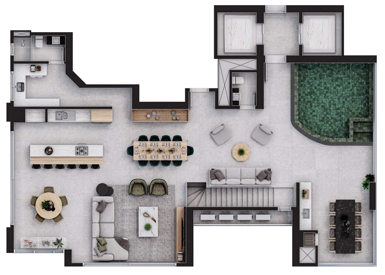 Cobertura à venda no Centro: Planta do piso superior: living, cozinha com ilha, área gourmet e piscina privativa