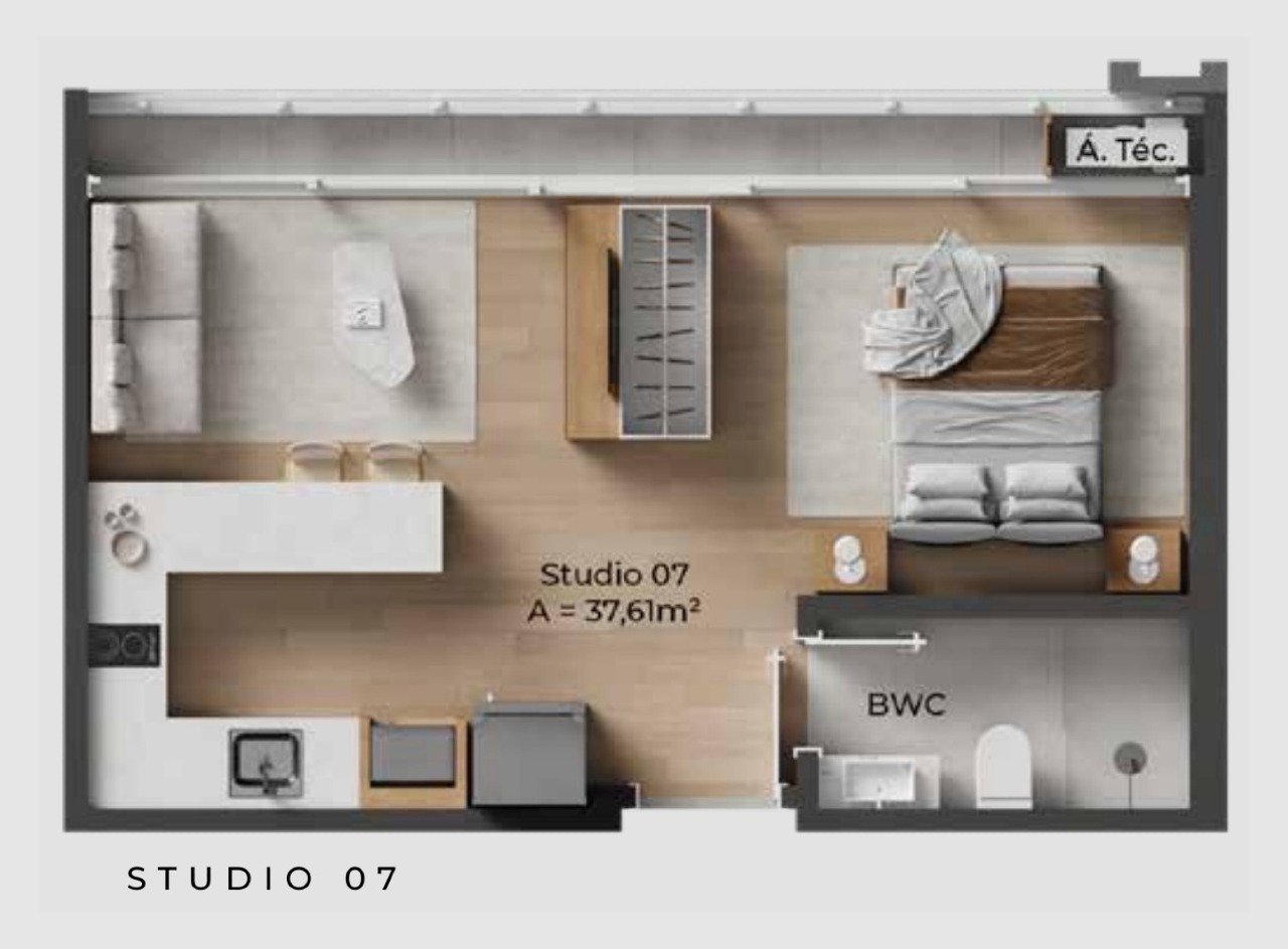 Apartamento à venda no Centro: Planta do studio final 07 do NF Pulse: 37,61 m² com dormitório, banheiro e sacada