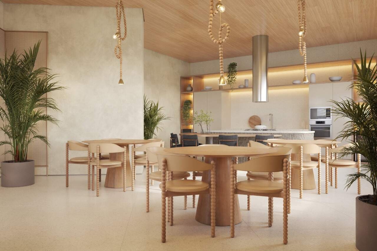 Cobertura à venda no Centro: Garden gourmet com mesas e cozinha (imagem ilustrativa)