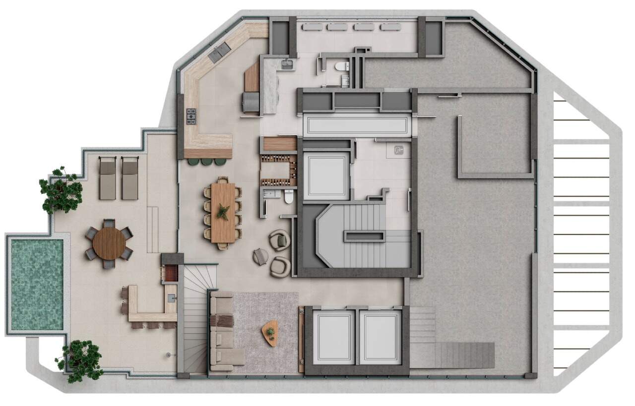 Cobertura à venda no Centro: Planta da cobertura duplex, pavimento superior: living, terraço e piscina privativa