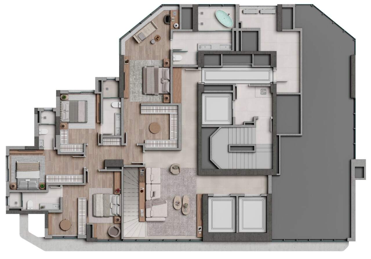 Cobertura à venda no Centro: Planta da cobertura duplex, pavimento inferior: 4 suítes, master com walk-in closet