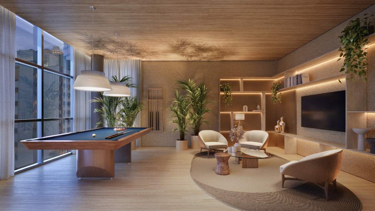 Apartamento à venda no Centro: Pub com mesa de sinuca e estar com TV (imagem ilustrativa)