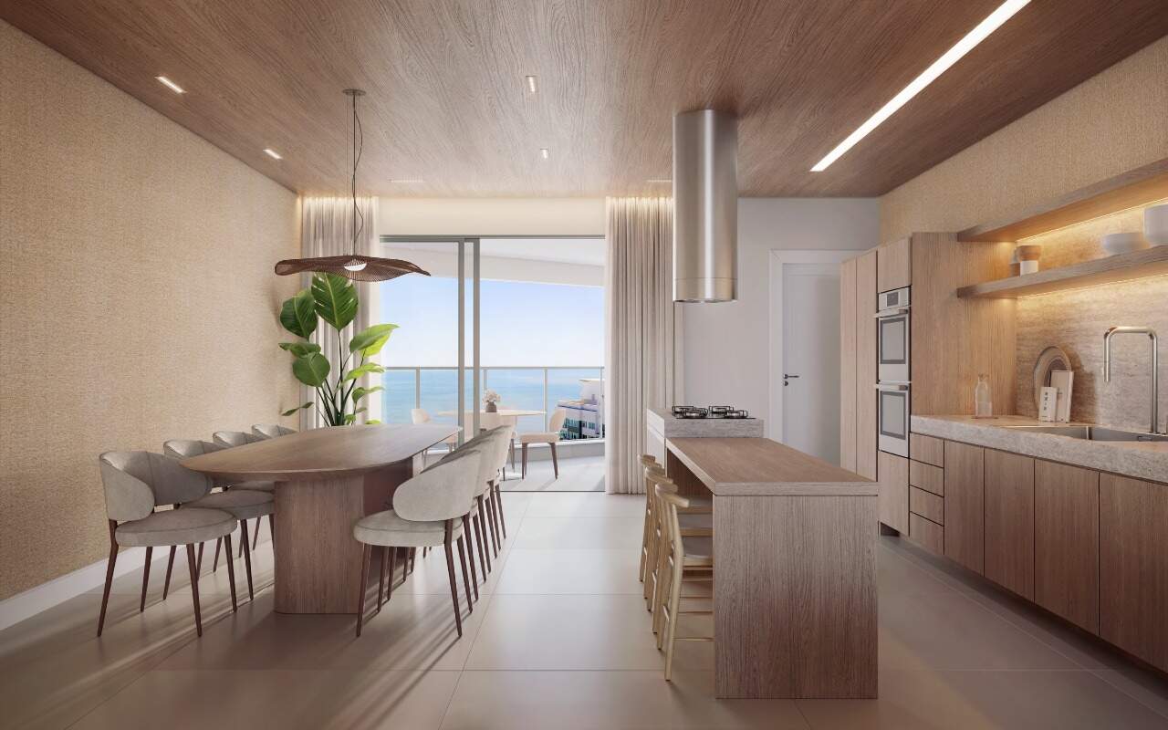 Apartamento à venda no Centro: Living integrado com cozinha e ilha, aberto para a sacada (imagem ilustrativa)