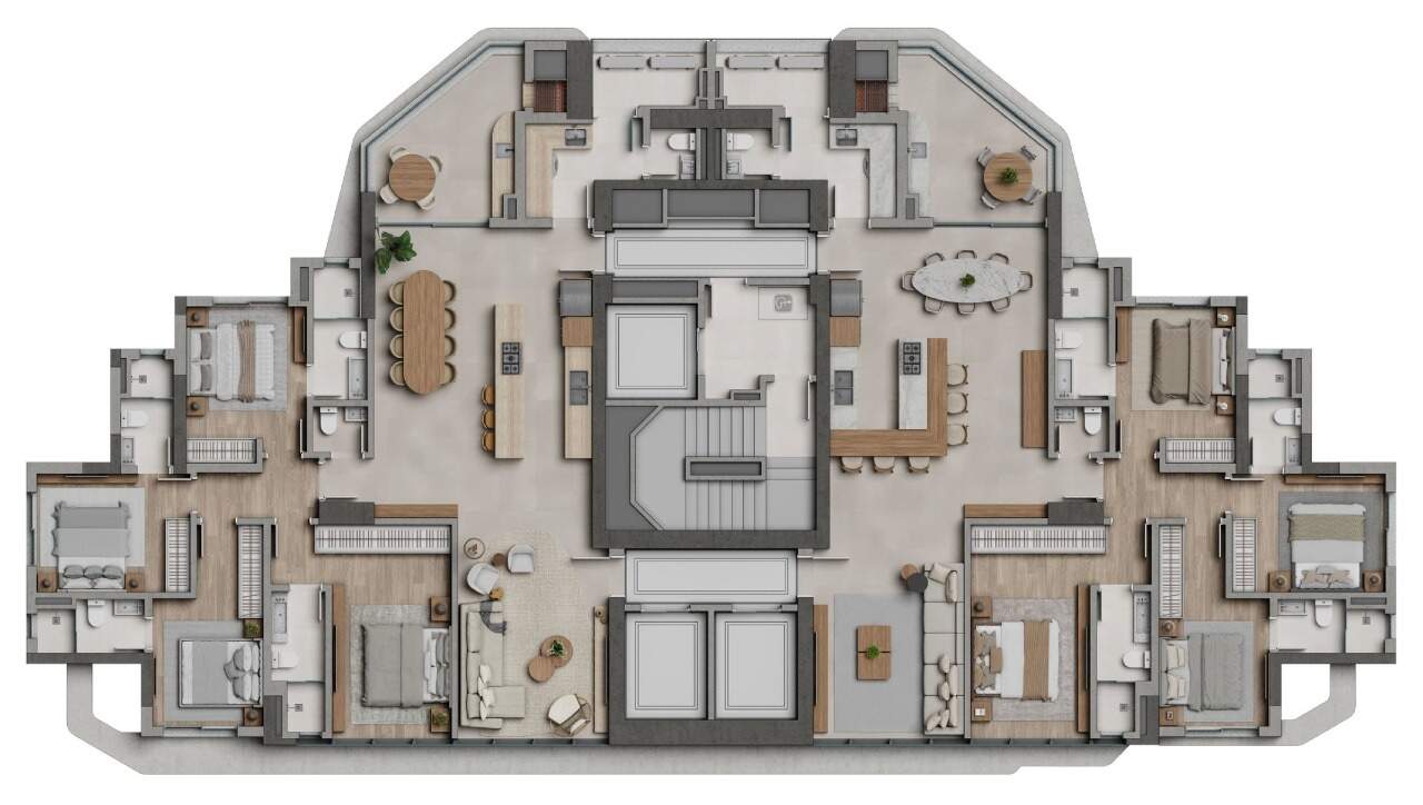 Apartamento à venda no Centro: Planta do pavimento tipo A, com os dois apartamentos por andar