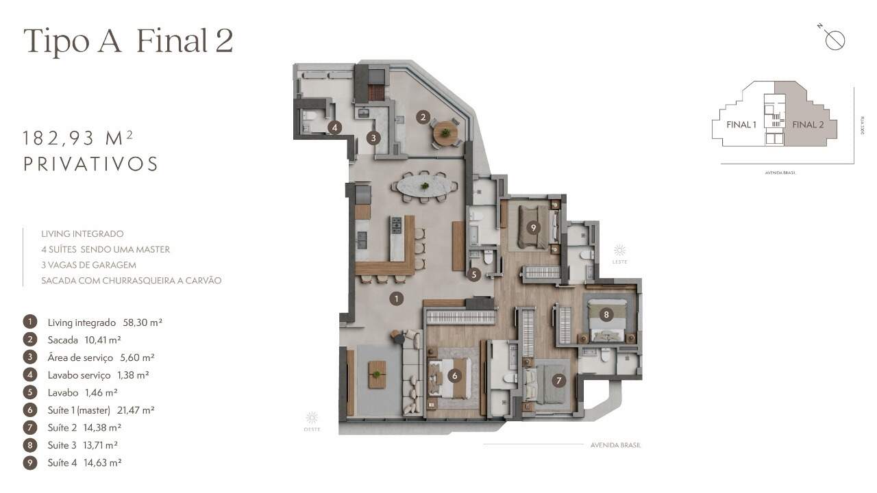 Apartamento à venda no Centro: Planta do final 2 do apartamento tipo A: 182,93 m² com 4 suítes e sacada com churrasqueira