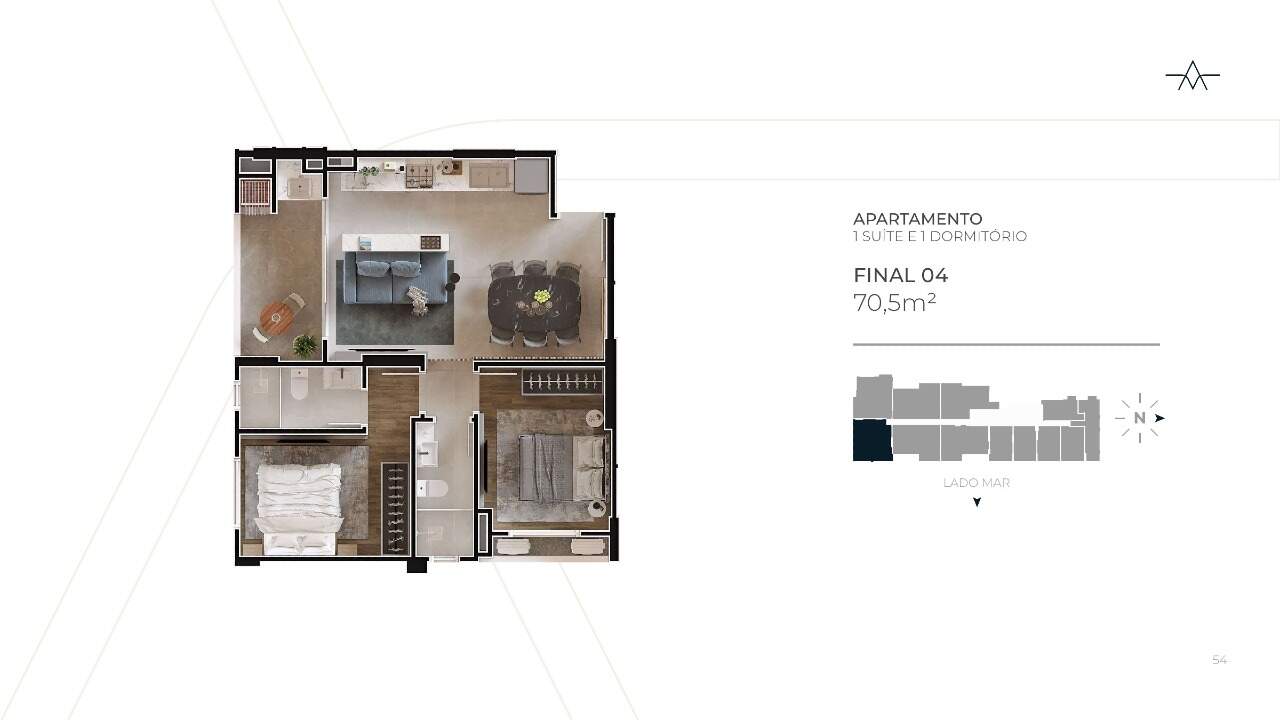 Apartamento à venda no Praia Brava: Planta do final 04 do Adoratta, com suíte, dormitório, living integrado e varanda