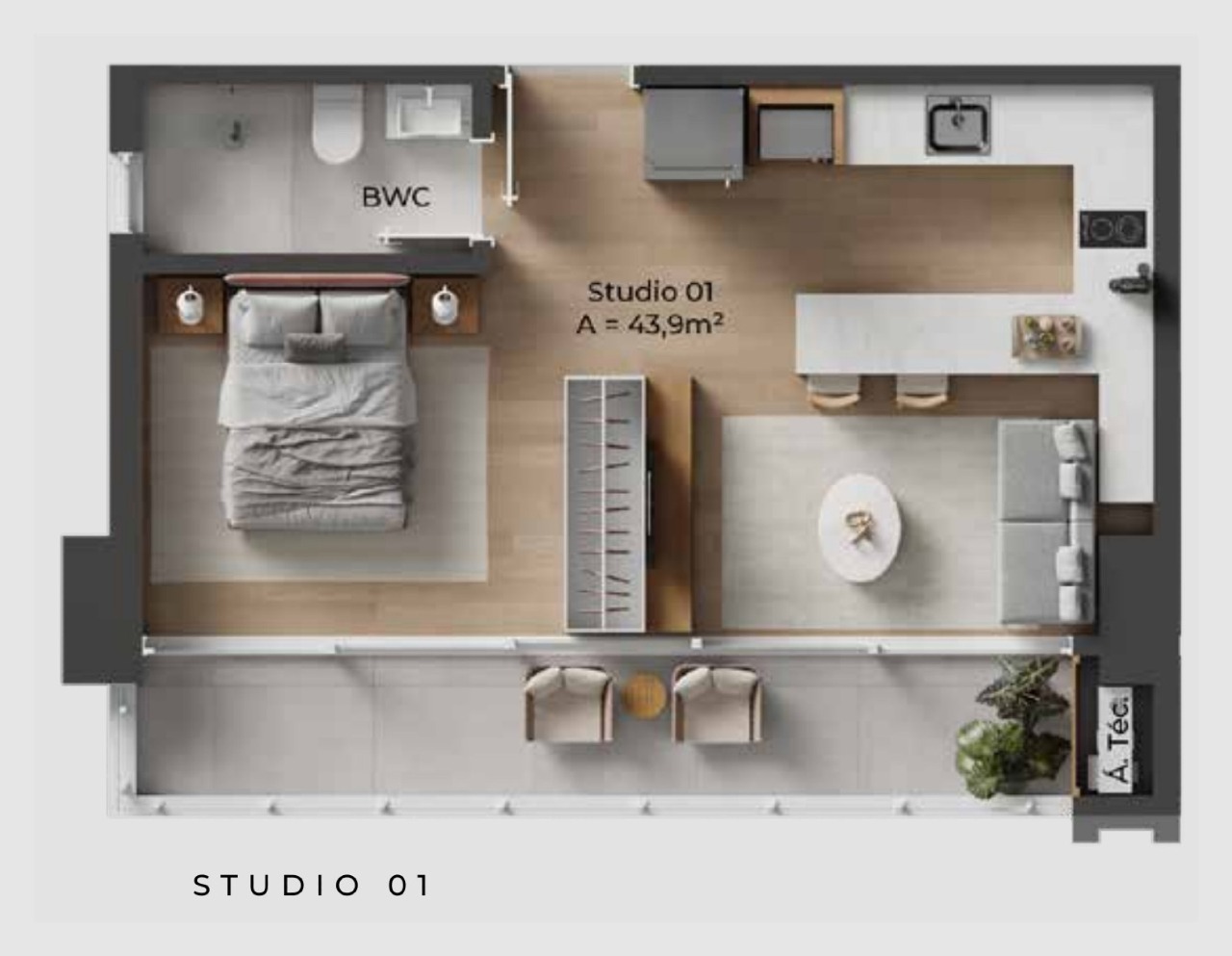 Apartamento à venda no Centro: Planta do studio final 01 do NF Pulse: 43,9 m² com dormitório, banheiro e sacada
