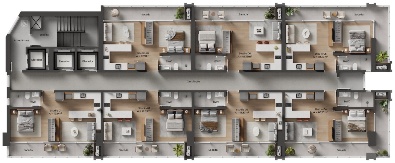 Apartamento à venda no Centro: Planta do pavimento tipo 1 do NF Pulse, com os sete studios; este anúncio é o final 01