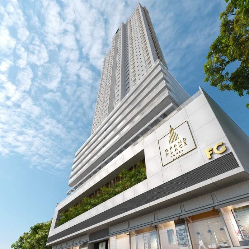 Apartamento à venda no Centro: Fachada com o logotipo do Grand Place Tower e a marca da FG (imagem ilustrativa)