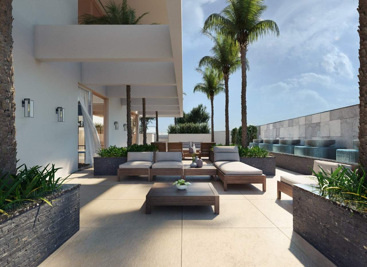 Apartamento à venda no Centro: Terraço com pergolado e estar ao ar livre (imagem ilustrativa)