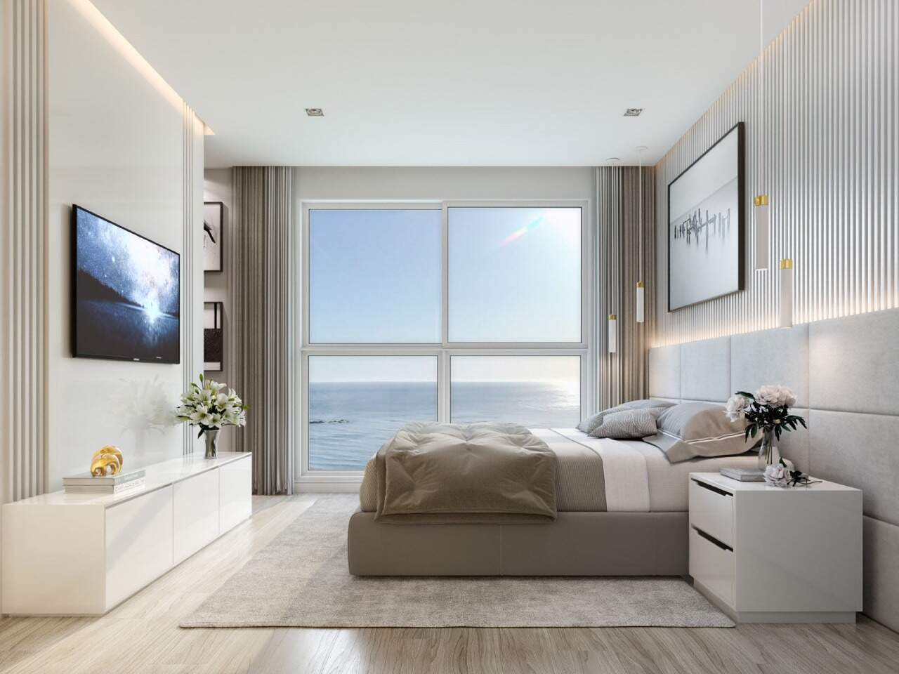 Apartamento à venda no Centro: Suíte com cama de casal e janela para o mar (imagem ilustrativa)
