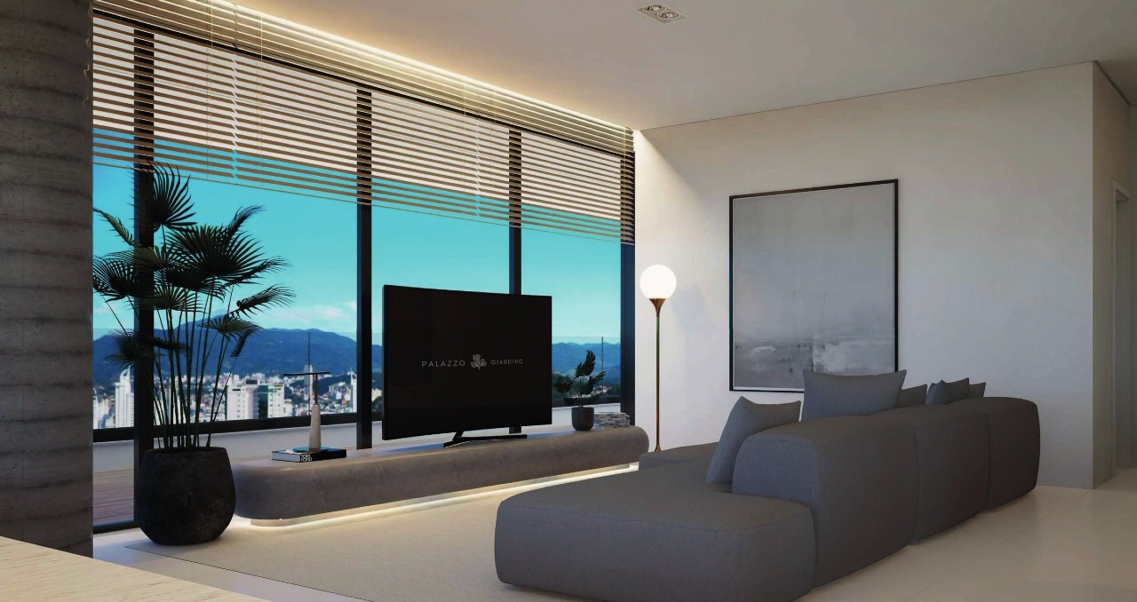 Apartamento à venda no Pioneiros: Sala de TV da Mansão Suspensa com vista para a cidade e o morro (imagem ilustrativa)