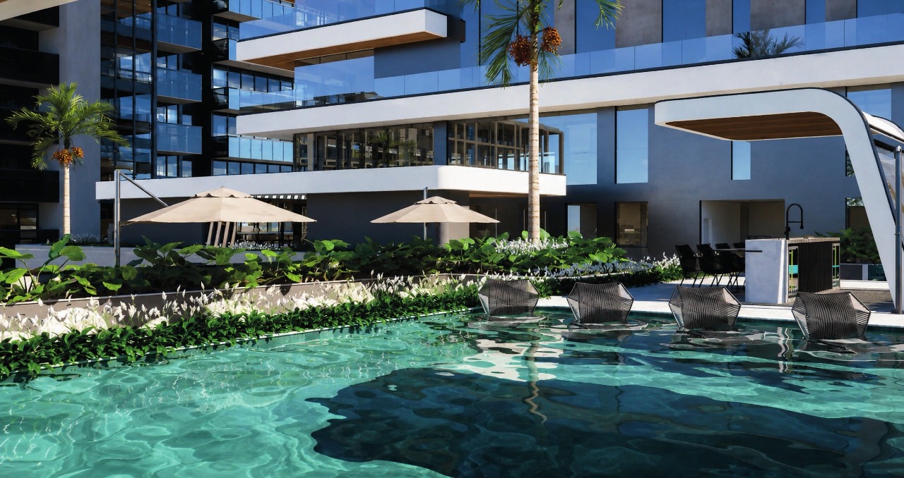 Apartamento à venda no Pioneiros: Piscina com palmeiras no lazer do Palazzo Giardino (imagem ilustrativa)