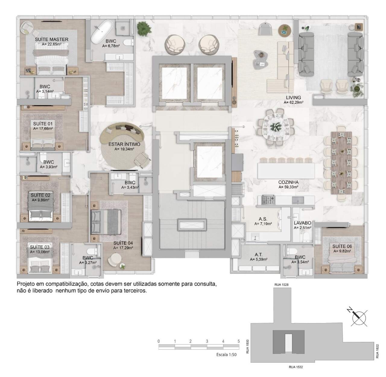 Apartamento diferenciado à venda no Centro: Planta do apartamento master de 310,67 m²: 6 suítes, estar íntimo e cozinha com ilha