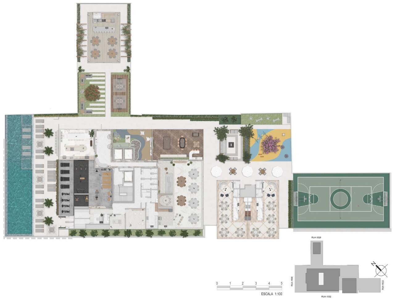 Apartamento diferenciado à venda no Centro: Planta do pavimento de lazer: piscina, academia, spa, quadra e playground