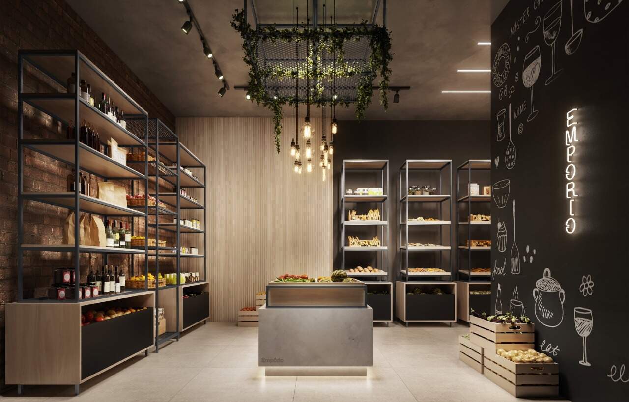 Apartamento diferenciado à venda no Centro: Empório do condomínio, com prateleiras de vinhos e mercearia (imagem ilustrativa)
