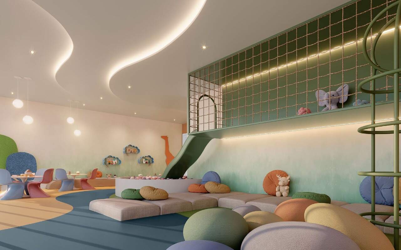 Apartamento diferenciado à venda no Centro: Brinquedoteca com parede verde, nichos e almofadas (imagem ilustrativa)