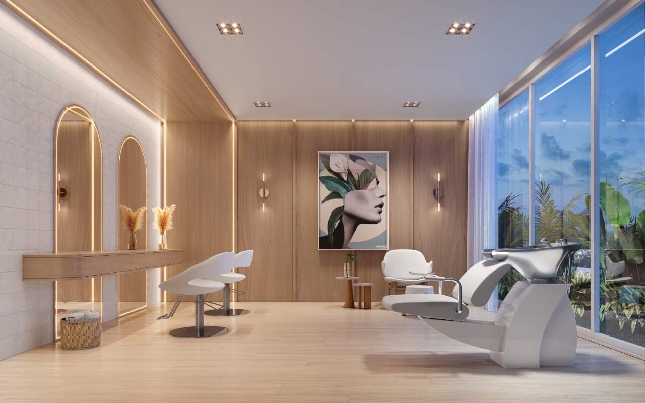 Apartamento diferenciado à venda no Centro: Espaço beauty com lavatório e cadeira de cabeleireiro (imagem ilustrativa)