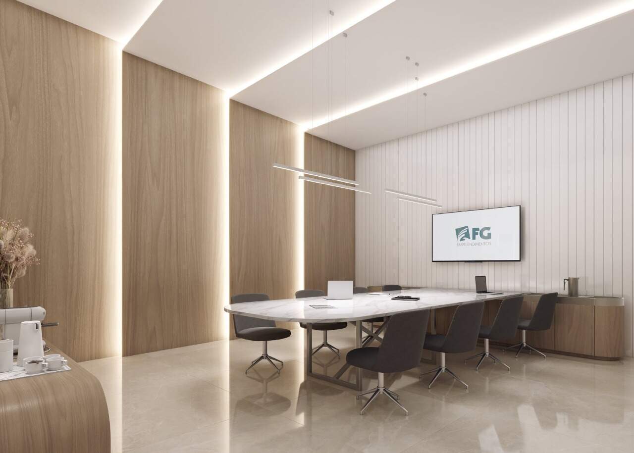Apartamento diferenciado à venda no Centro: Sala business com mesa de reunião e TV (imagem ilustrativa)