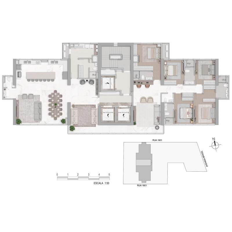 Apartamento diferenciado à venda no Centro: Planta Master: apartamento de 298,21 m² no andar inteiro, com 5 dormitórios e 3 suítes