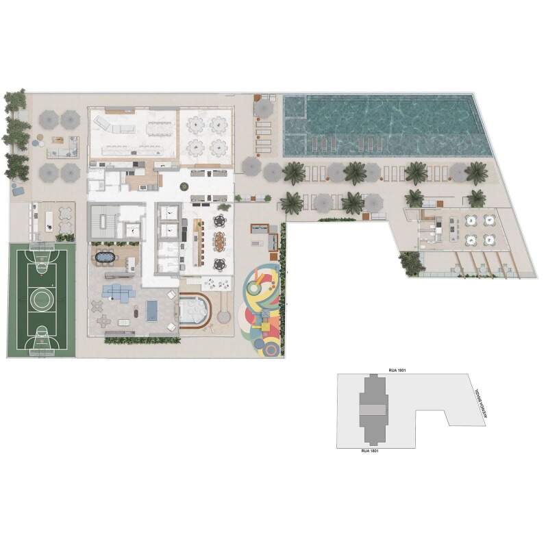 Apartamento diferenciado à venda no Centro: Planta do lazer com piscina, quadra poliesportiva, playground e salões