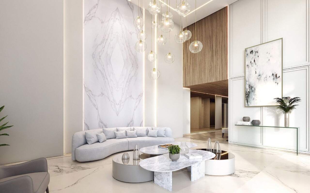 Apartamento diferenciado à venda no Centro: Hall de entrada do Sapphire Tower, com pé-direito alto (imagem ilustrativa)