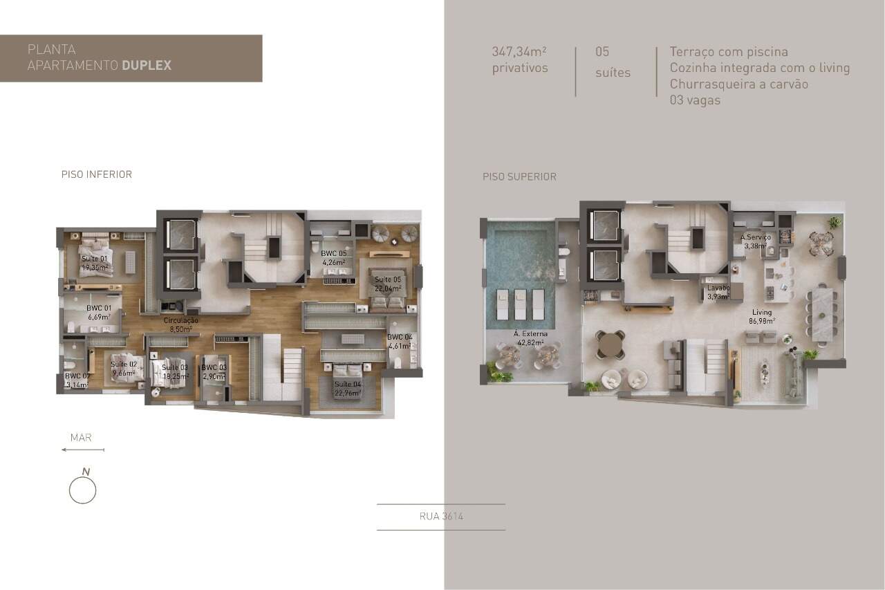 Cobertura à venda no Centro: Planta da cobertura duplex com os dois pavimentos