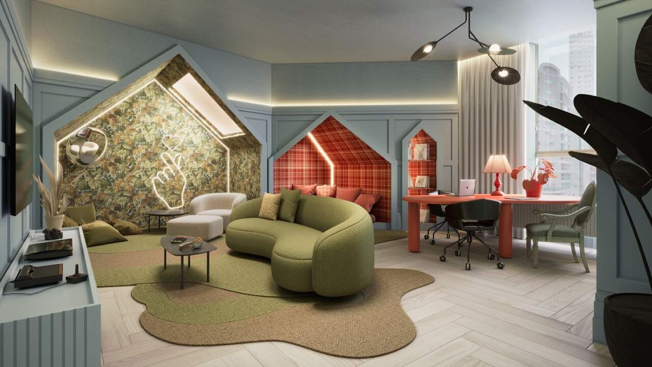 Apartamento diferenciado à venda no Centro: Coworking do Gales Village, com estação de trabalho e sofá (imagem ilustrativa)