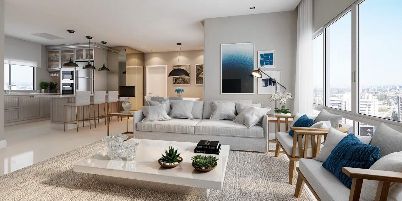 Apartamento à venda no Centro: Living integrado decorado com cozinha americana (imagem ilustrativa da Embraed)