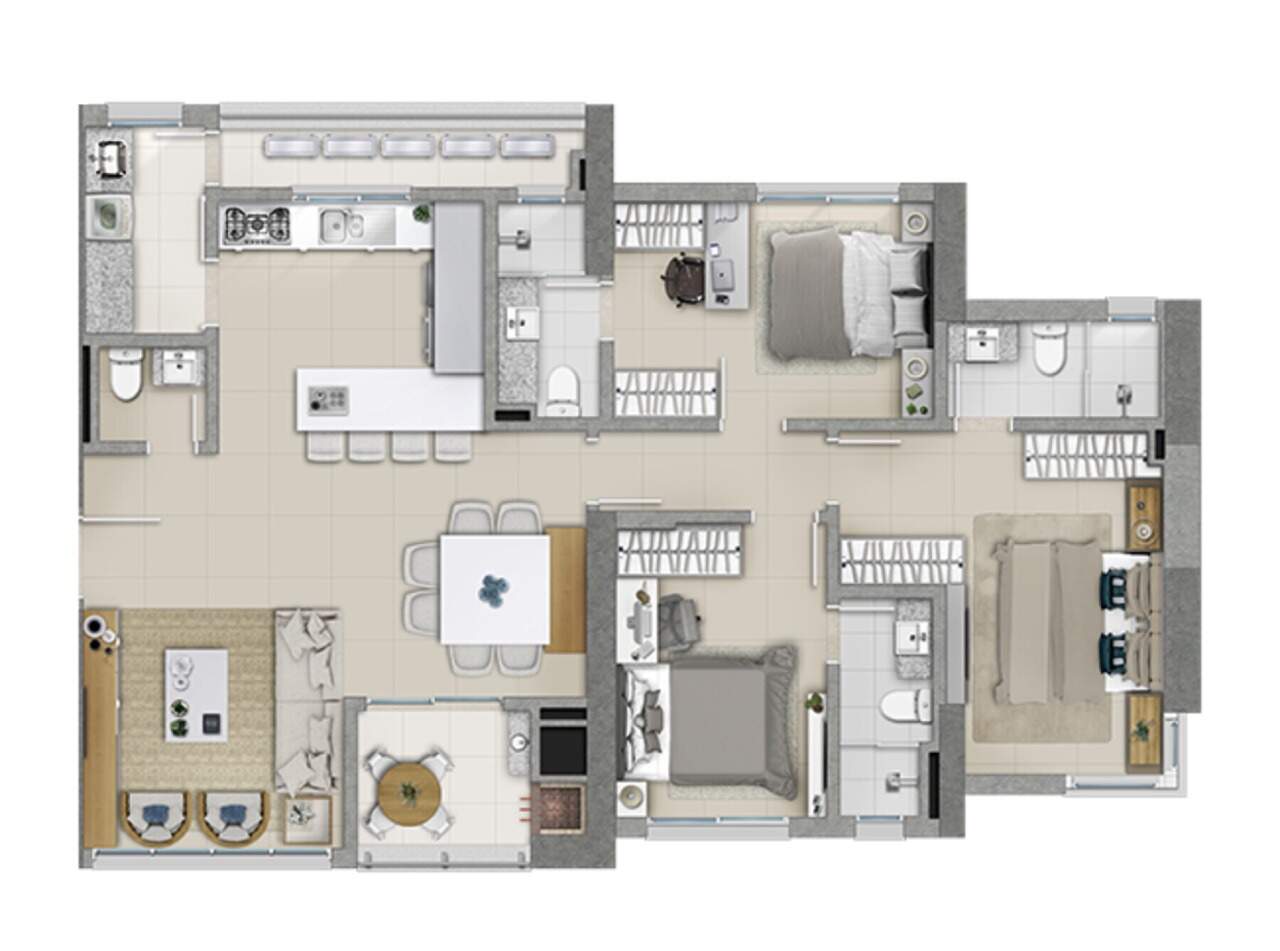 Apartamento à venda no Centro: Planta do apartamento de 120,54 m² do Hamptons Village: 3 suítes, living e sacada com churrasqueira