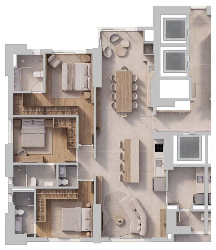 Apartamento à venda no Centro: Planta do apartamento final 1: 160,21 m², 3 suítes e sacada com churrasqueira