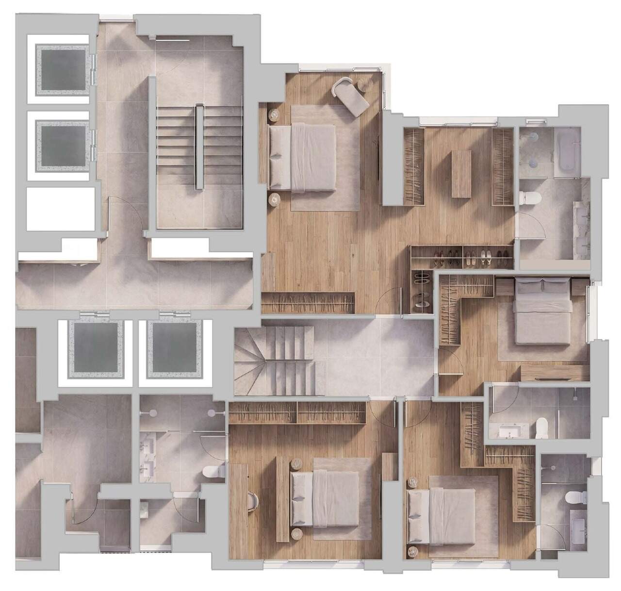 Apartamento diferenciado à venda no Centro: Planta do pavimento superior do duplex: 4 suítes, uma delas master